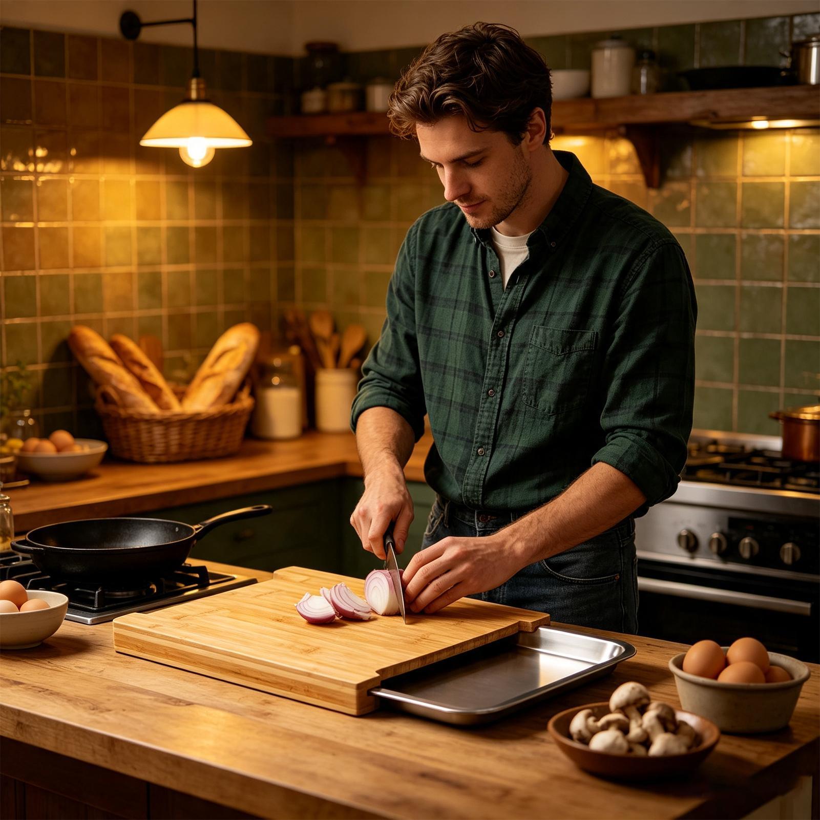 Bamboo Cutting Board - Papan Pemotong Kayu Anti-Selip dengan Nampan,